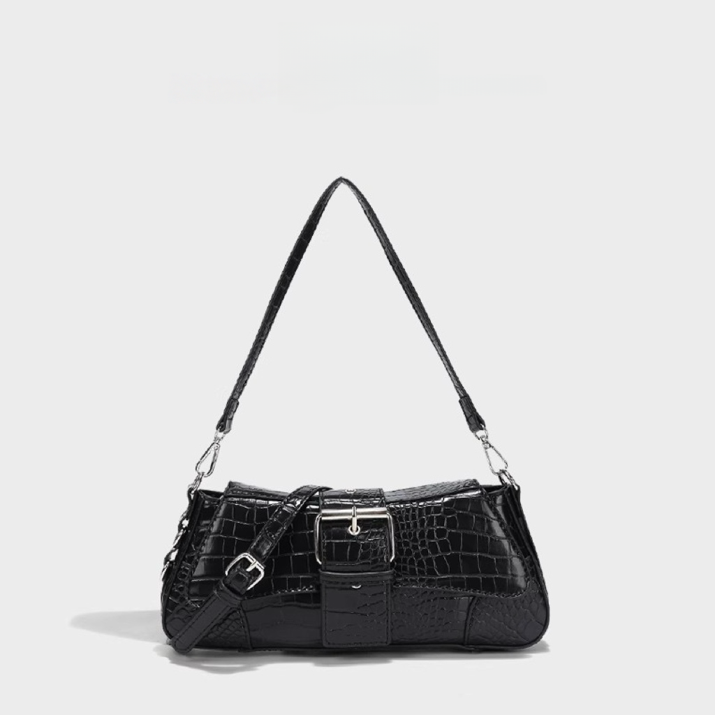 Chic Metallic Buckle Shoulder Bag – Silver / Black / Pink | Trendy Croc-Textured Handbag