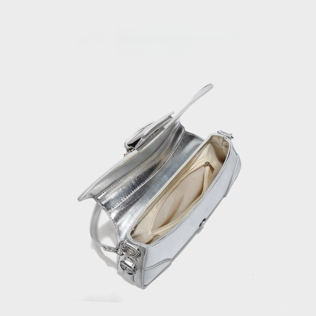 Chic Metallic Buckle Shoulder Bag – Silver / Black / Pink | Trendy Croc-Textured Handbag