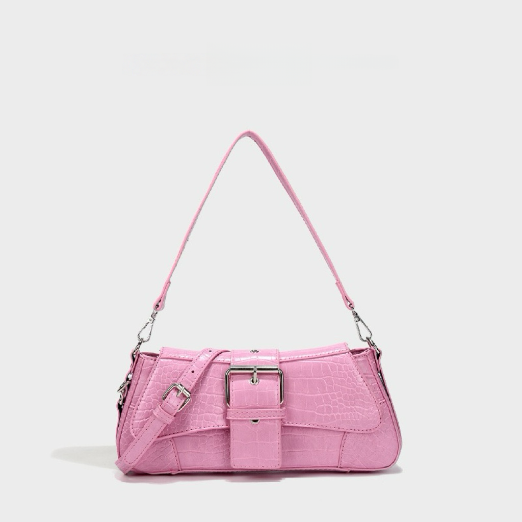 Chic Metallic Buckle Shoulder Bag – Silver / Black / Pink | Trendy Croc-Textured Handbag