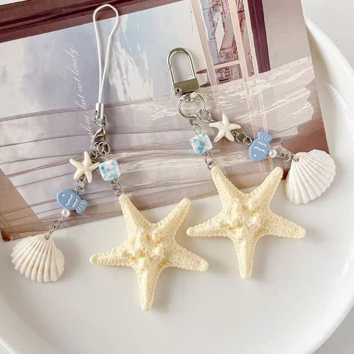 Starfish & Seashell Bag Charm – Ocean-Themed Keychain with Cute Blue Fish Bead for Handbags & Backpacks