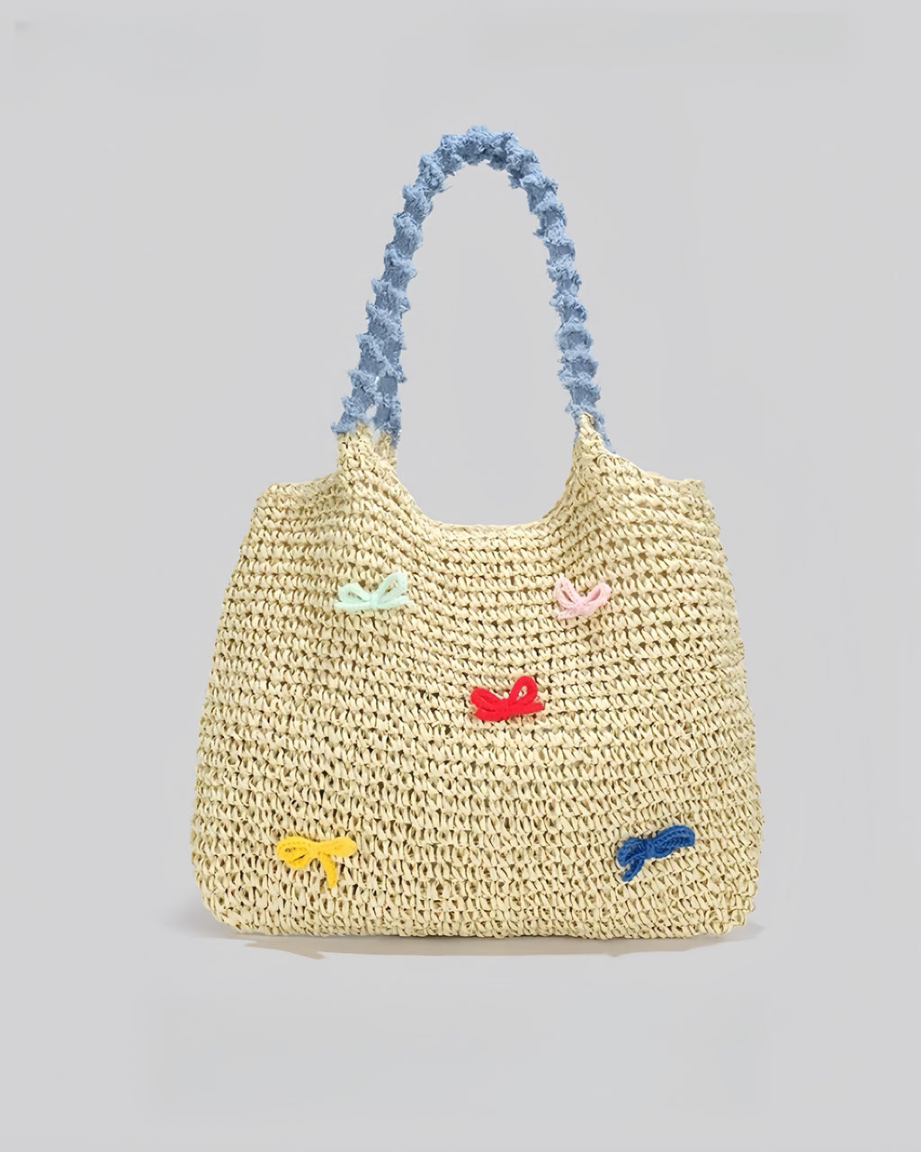 Pastel Bow Woven Straw Tote – Summer Shoulder Bag with Blue Textured Handle | Cute Beach Bag with Colorful Embroidery