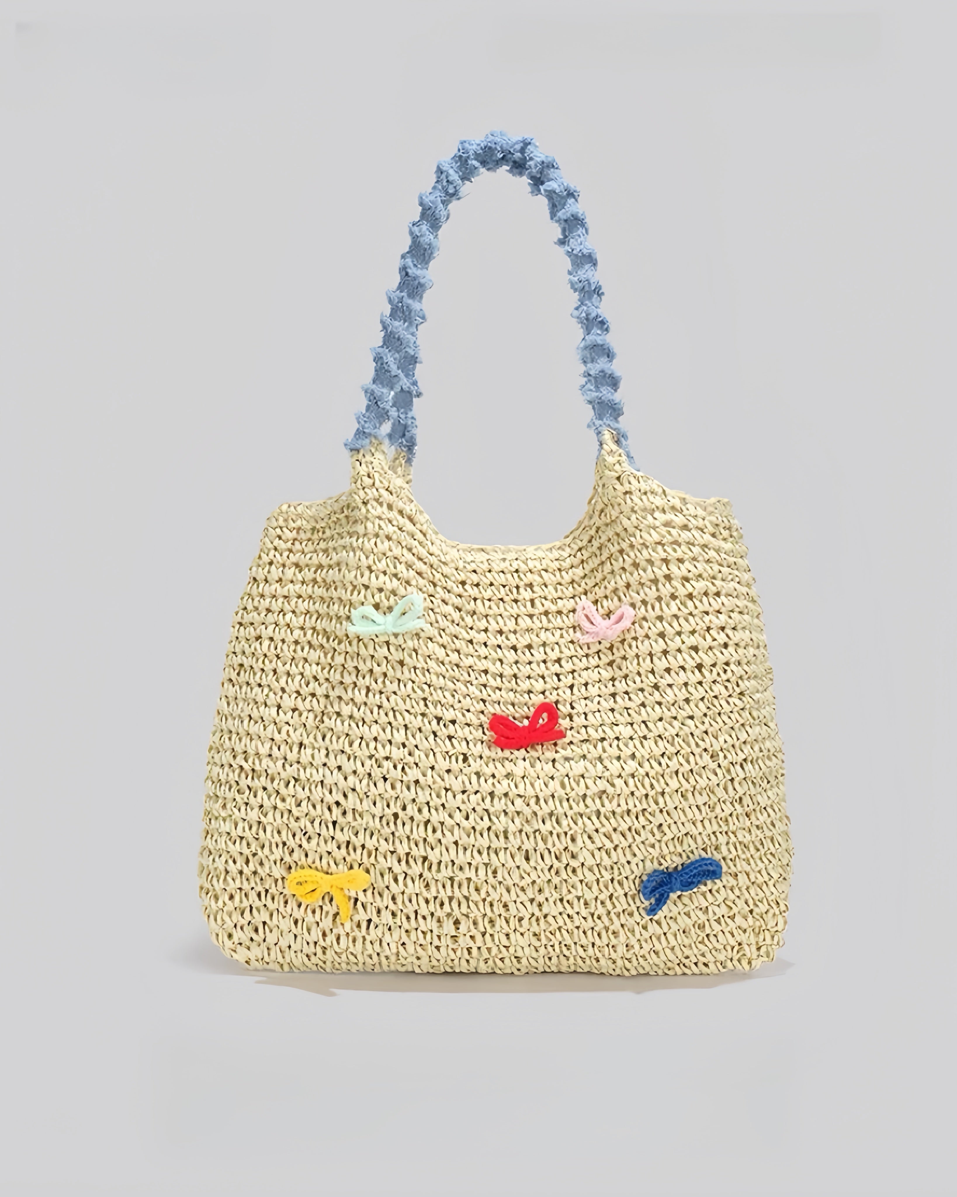 Pastel Bow Woven Straw Tote – Summer Shoulder Bag with Blue Textured Handle | Cute Beach Bag with Colorful Embroidery